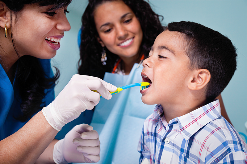 a health care provider teaching a boy how to brush