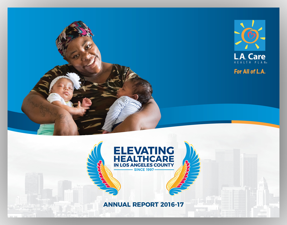 the cover of L.A. Care's Annual Report, featuring L.A. Care member Ma'Lissa Simon and her twin babies