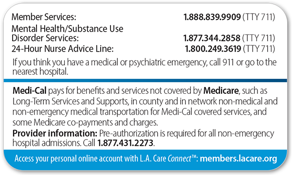 L.A. Care Medi-Cal Member ID card - Back