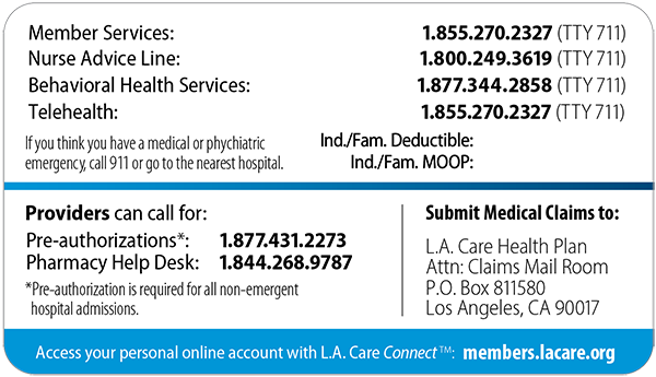 L.A. Care Covered Member ID Card Back