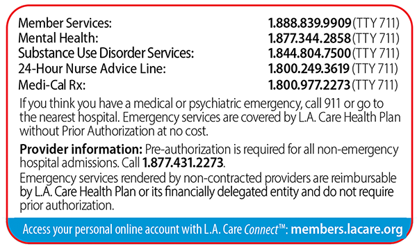 L.A. Care Medi-Cal Member ID card - Back